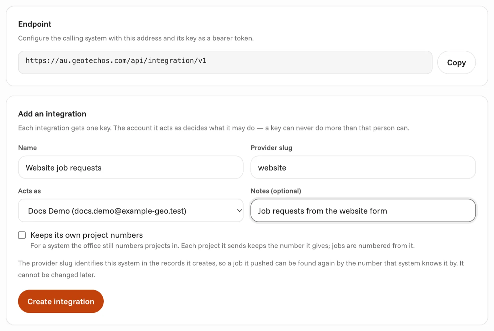 The Add an integration form with a name, a provider slug, an account and notes