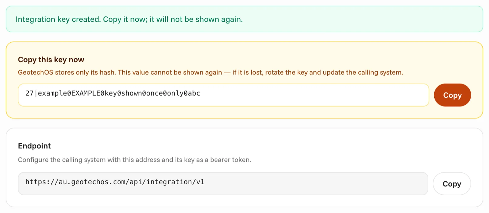 The new key shown once, with the endpoint address below it