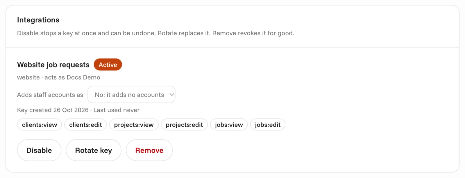 An integration in the list, with its abilities and the Disable, Rotate key and Remove buttons