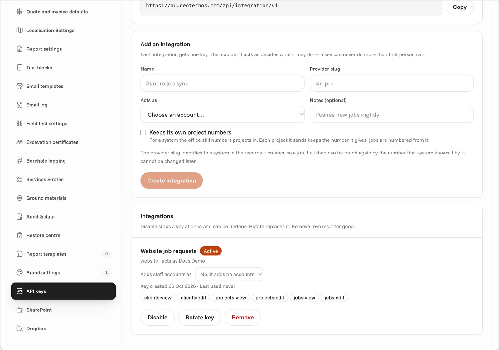 The Settings page with API keys selected in the settings menu