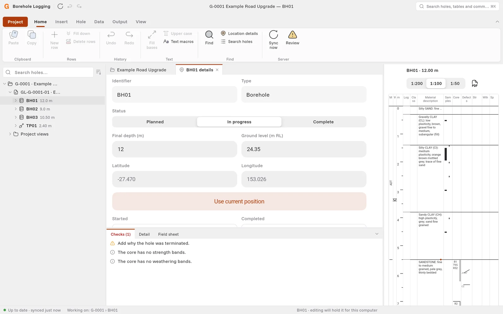 The Borehole Logging desktop workspace with borehole BH01 open