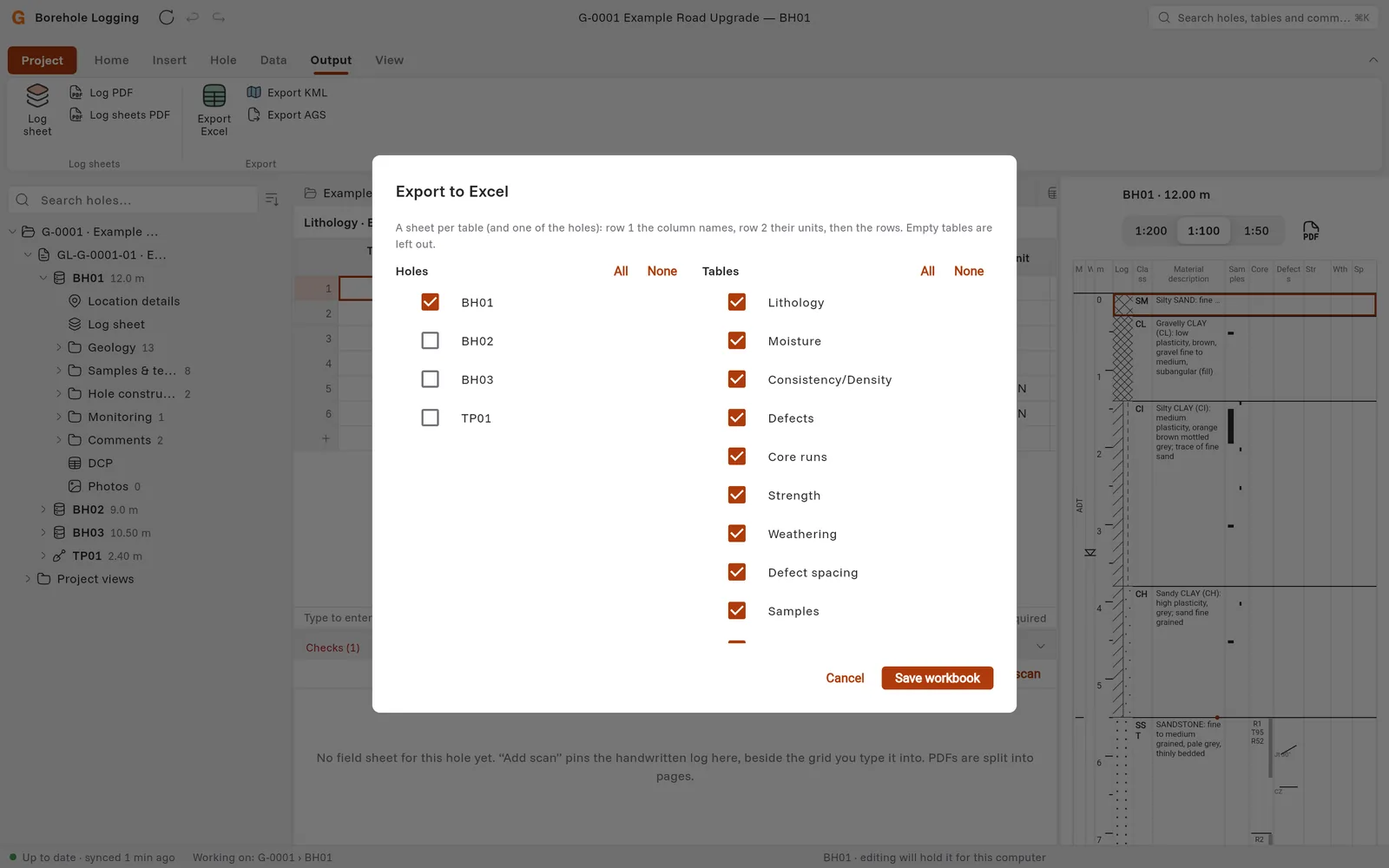 The Export to Excel dialog with BH01 ticked and the tables Lithology, Moisture, Consistency/Density, Defects and more