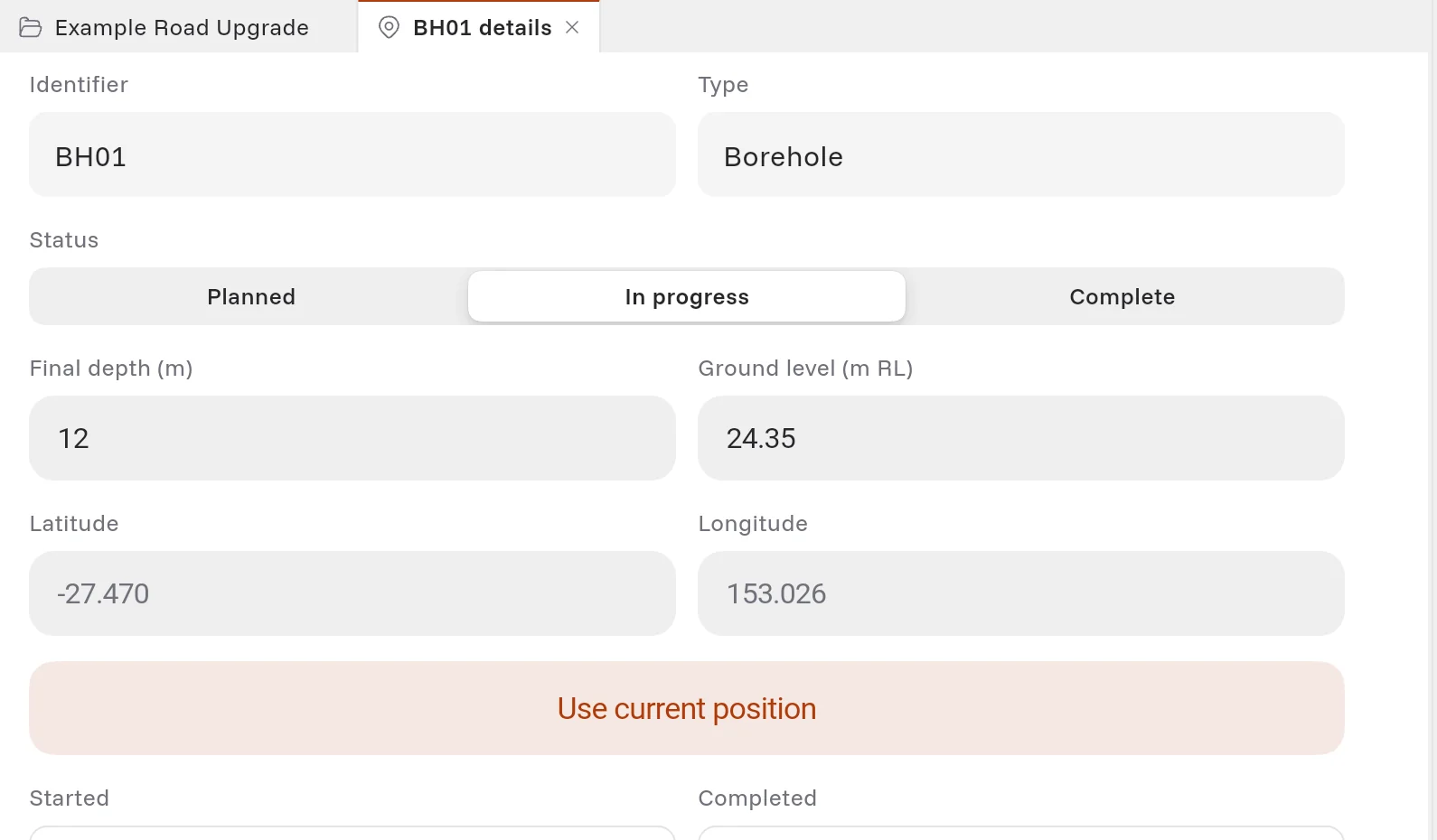 The details of borehole BH01: identifier, type, status, final depth, ground level and position