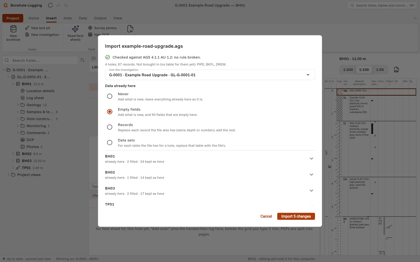 The Import dialog with the AGS check result, the investigation, the four choices for data already here and the list of holes