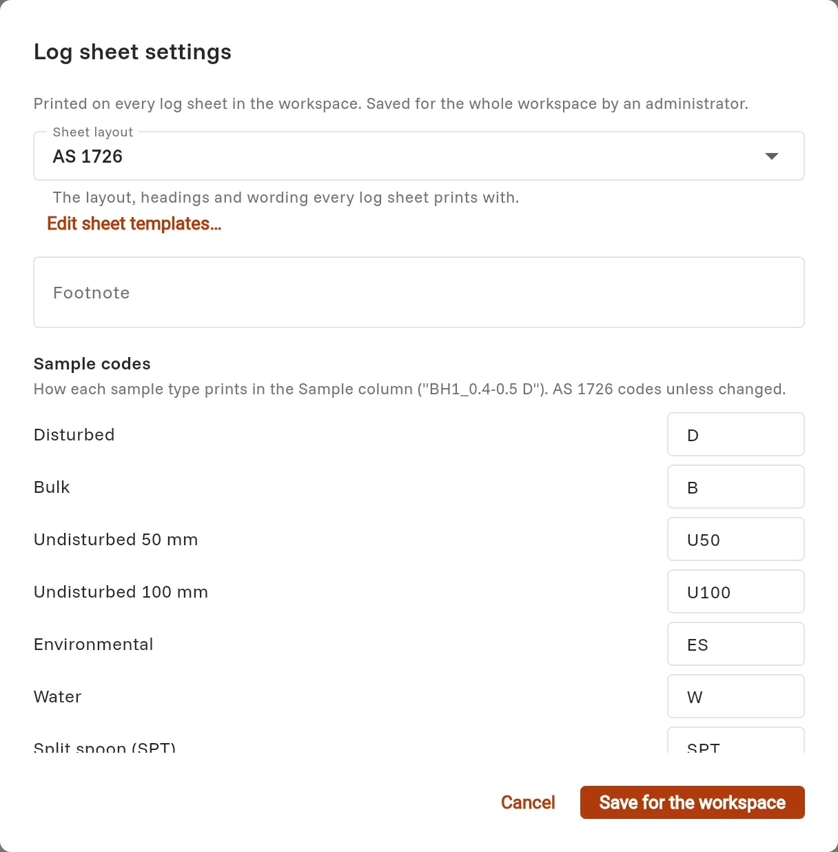 The Log sheet settings dialog with the AS 1726 sheet layout, the footnote and the sample codes