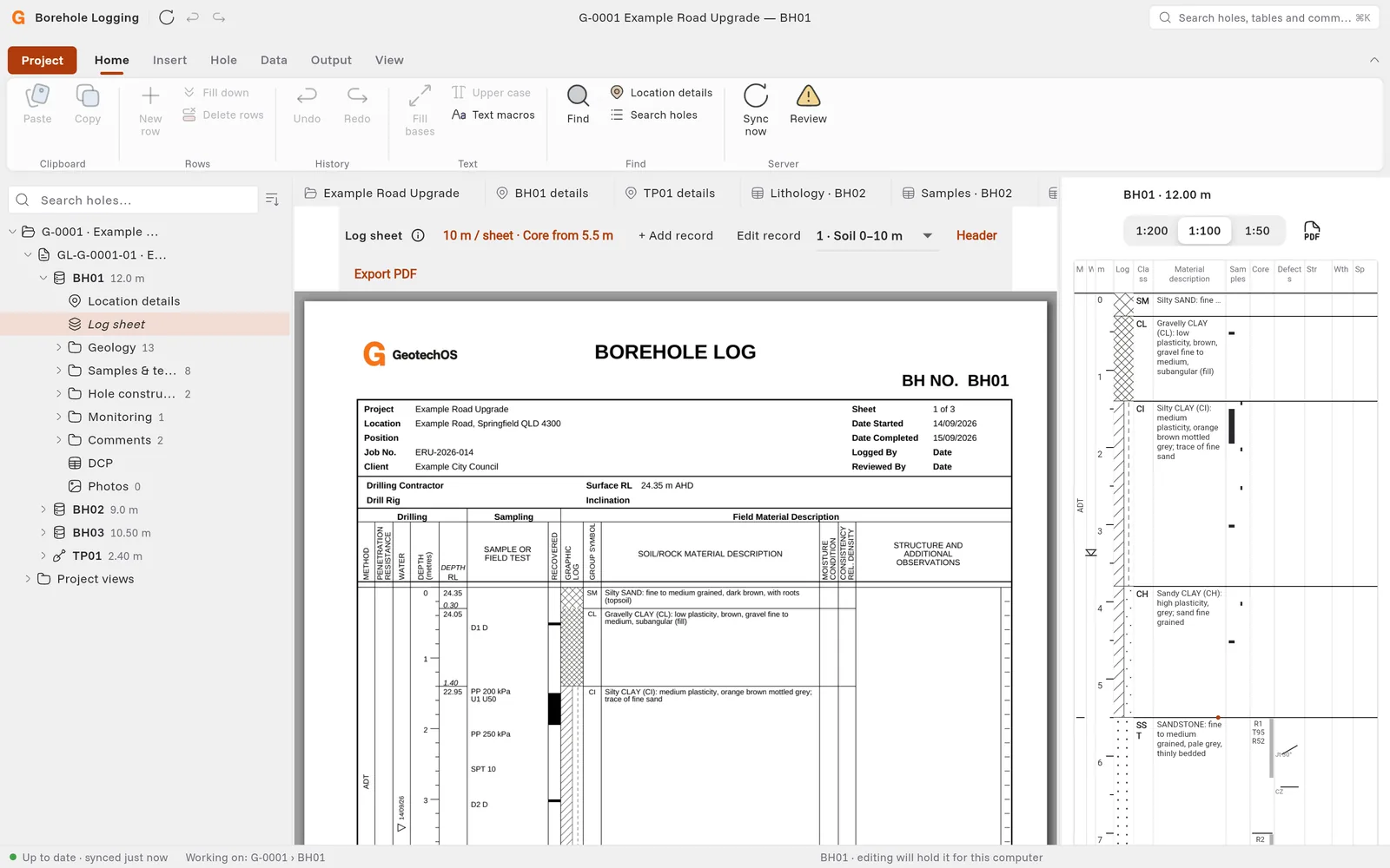 The log sheet of BH01 with the BOREHOLE LOG title, the header and the first strata