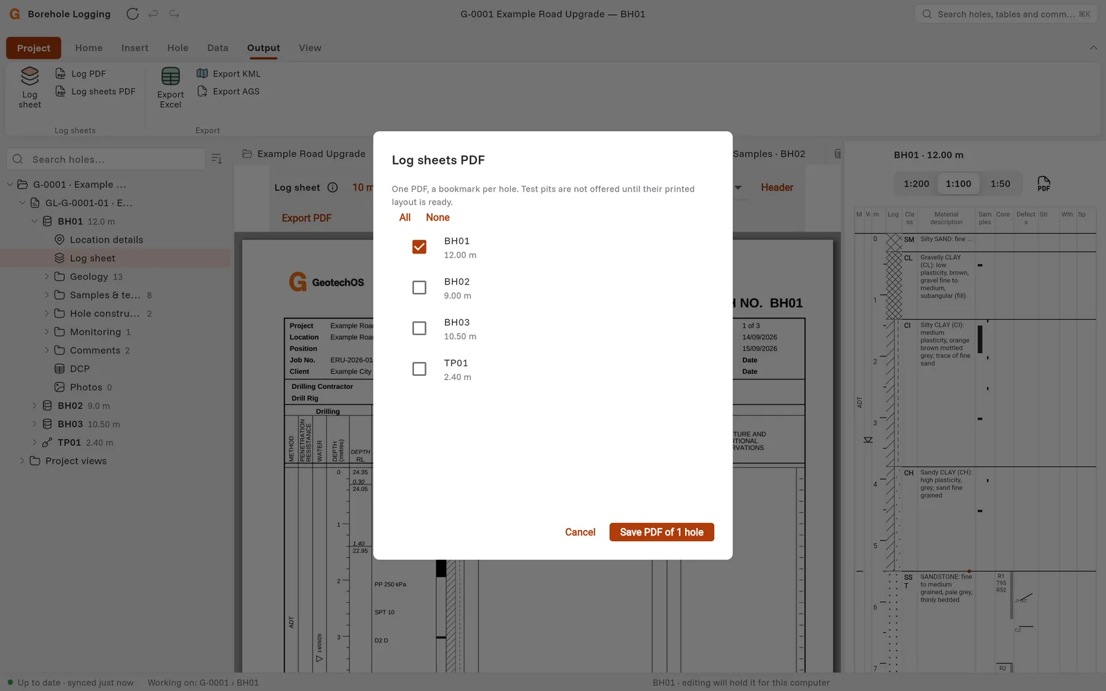 The Log sheets PDF dialog with BH01, BH02, BH03 and TP01 and the Save PDF of 1 hole button