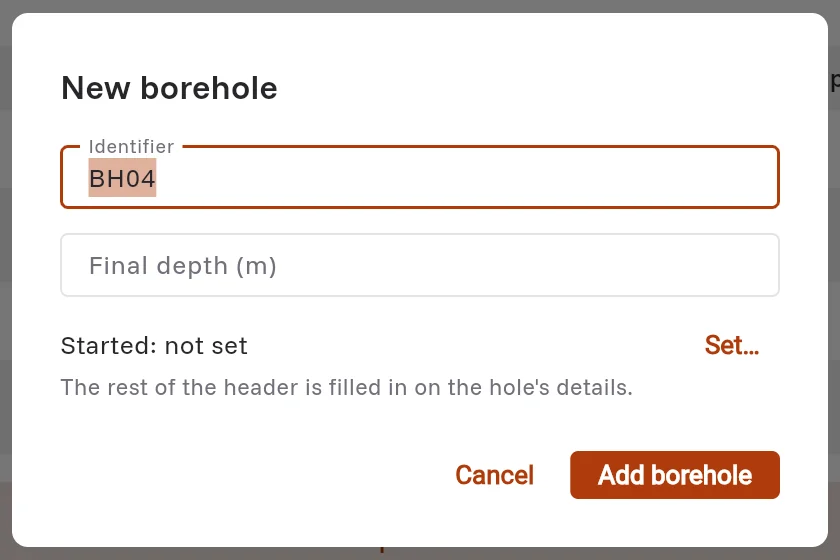 The New borehole dialog with the identifier BH04