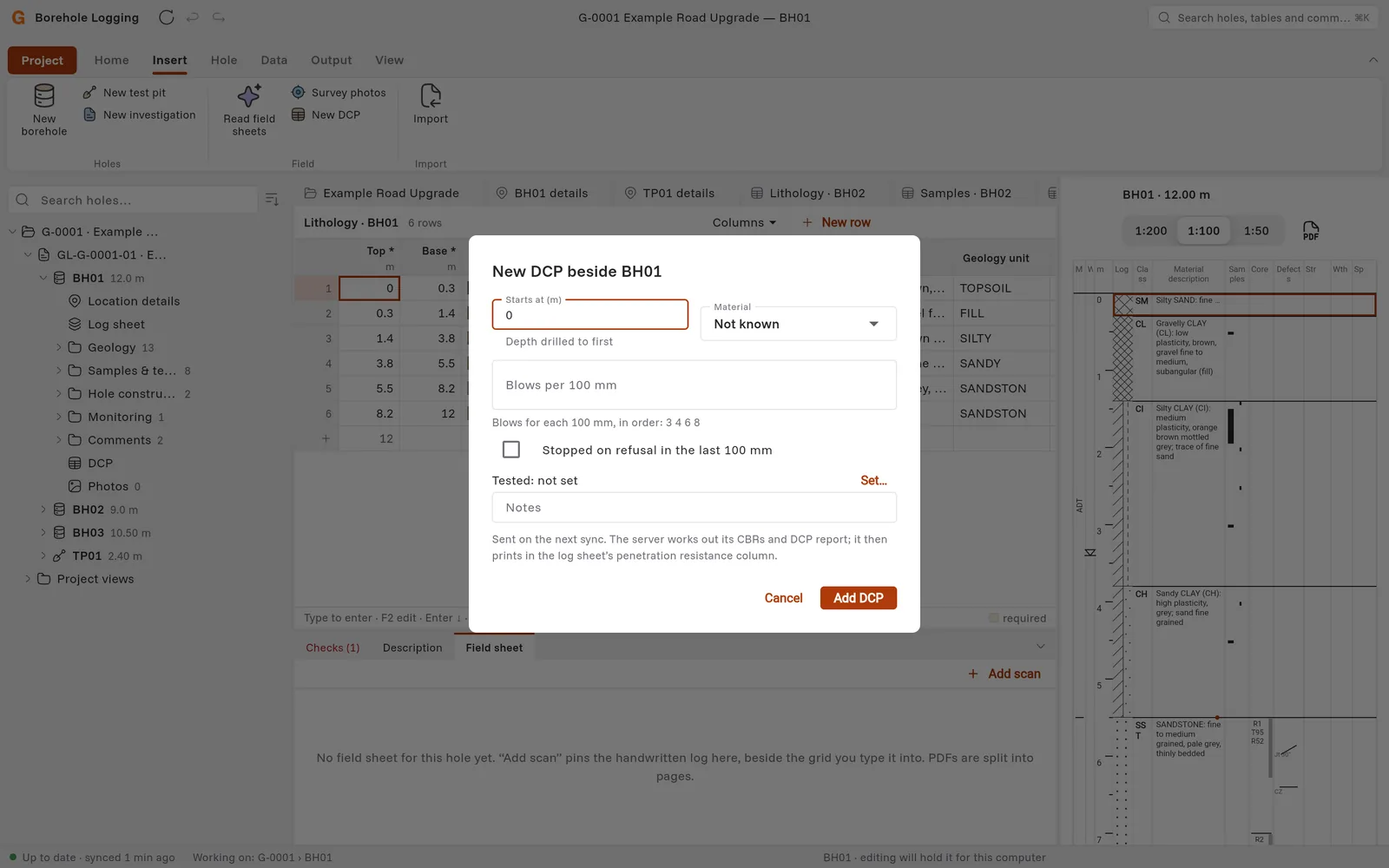 The New DCP dialog with Starts at, Material, Blows per 100 mm, the refusal box, the test date and notes