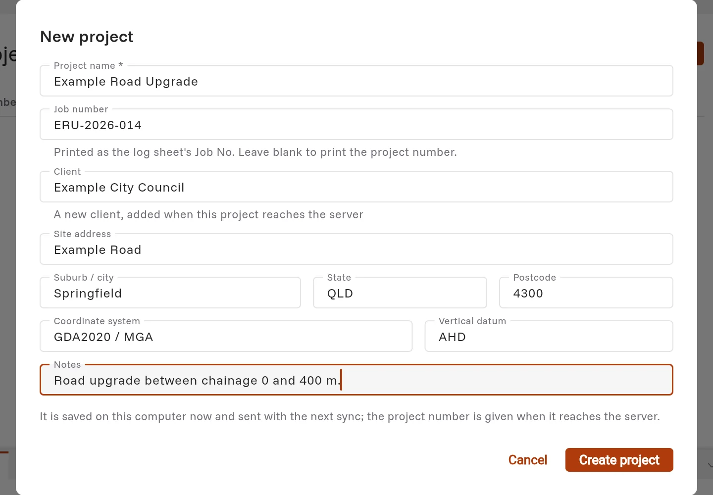 The New project dialog with the project name, job number, client and site address filled in