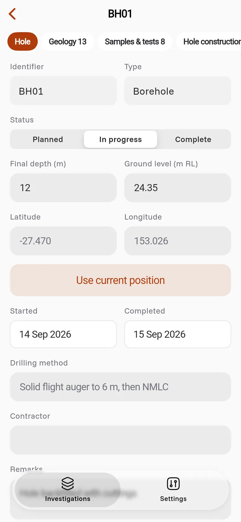 The Hole tab with the identifier, status, final depth, ground level, position and dates of BH01