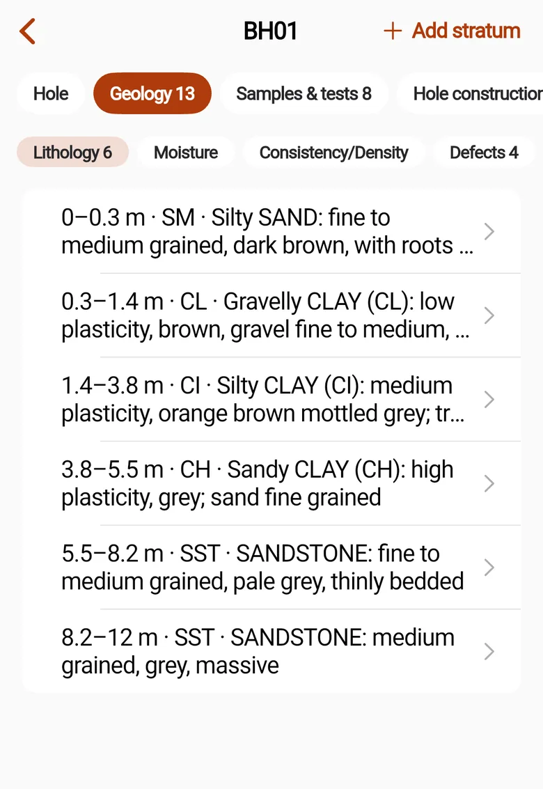 BH01 open on a phone with the Geology tab and the six rows of the Lithology table