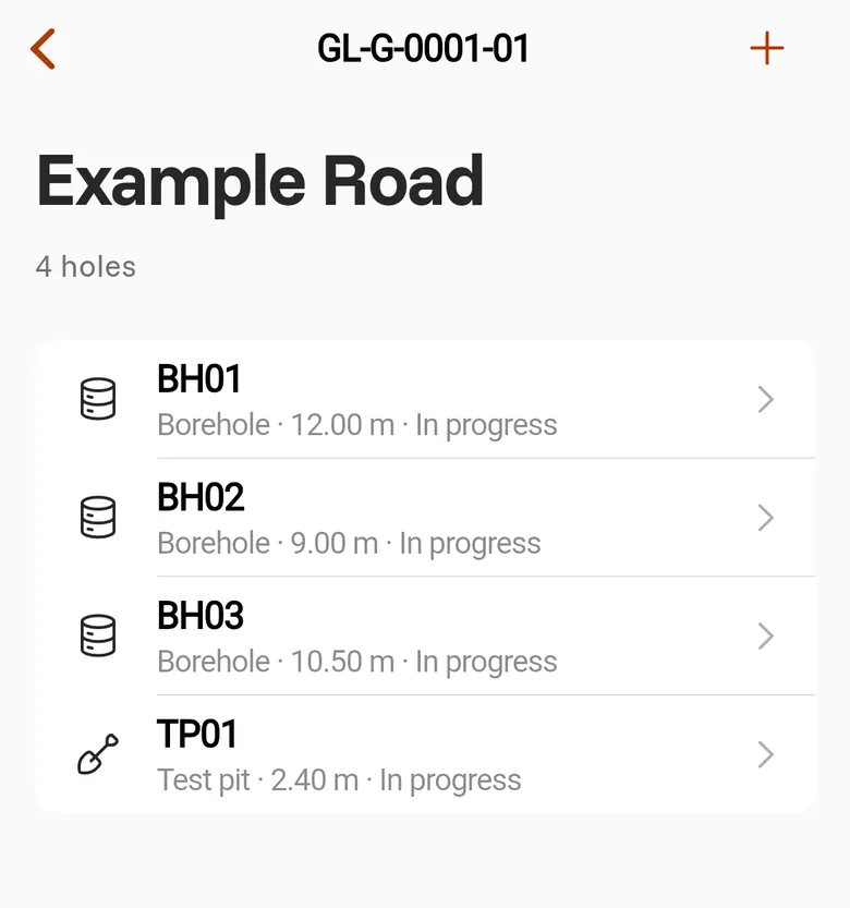 The holes of the investigation GL-G-0001-01: BH01, BH02, BH03 and TP01