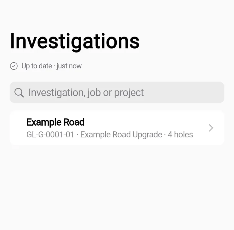 The Investigations screen on a phone with the investigation GL-G-0001-01 for Example Road Upgrade