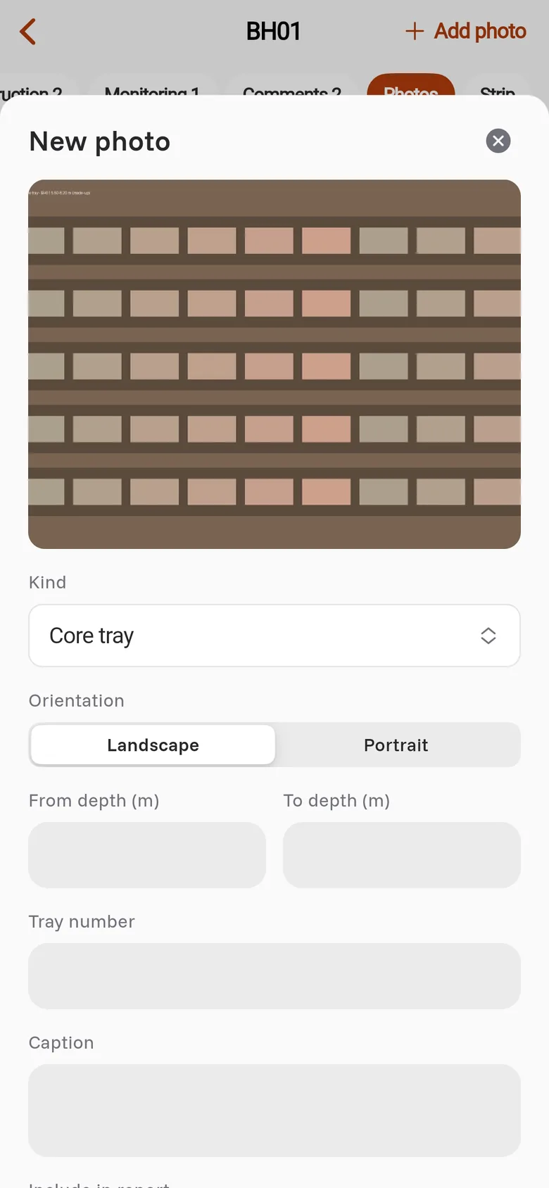 The New photo form with a core tray photo, the Kind, Orientation, depth, tray number and caption fields