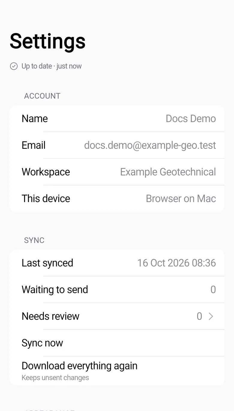 The Settings screen on a phone with the Account section and the Sync section