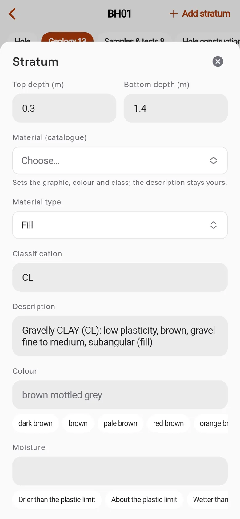 The Stratum form with the top and bottom depths, material type, classification, description and colour