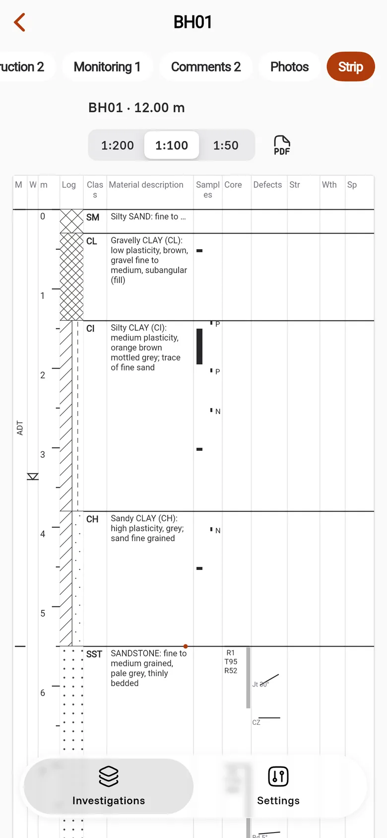 The strip of BH01 on a phone with the scale buttons, the PDF button and the drawn log