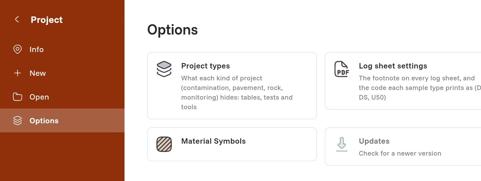 The Options page with Project types, Log sheet settings, Sheet templates, Material Symbols, Updates and Settings