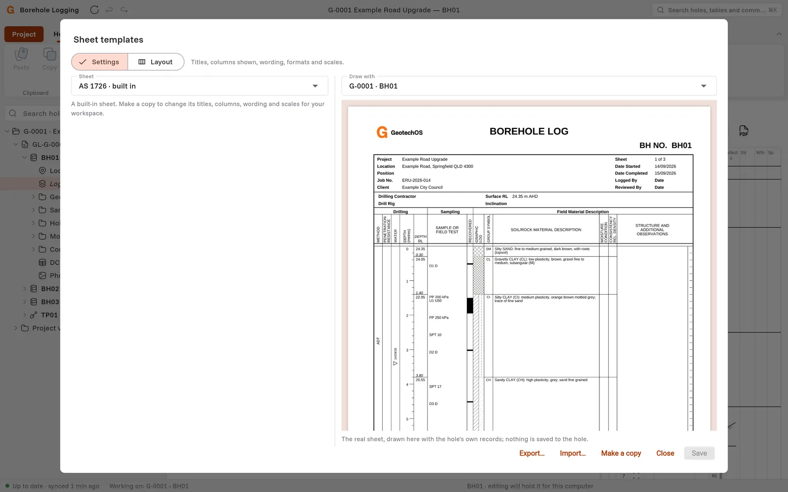 The Sheet templates dialog with the AS 1726 sheet and the BH01 log sheet drawn at the right