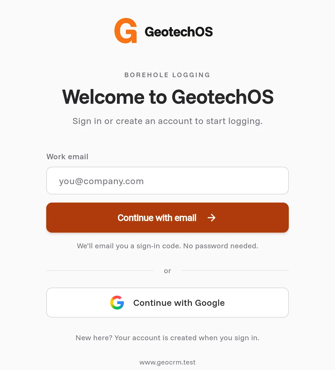 The Borehole Logging sign-in page with the Work email field and the Continue with email button