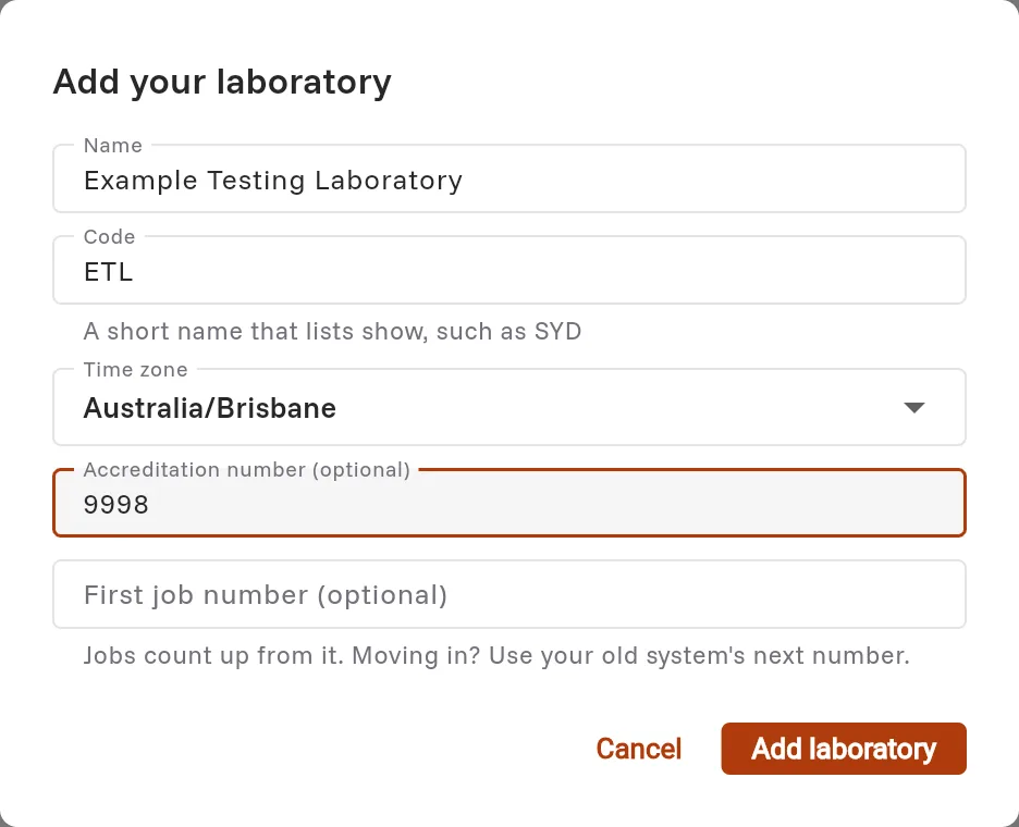 The Add your laboratory dialog with the name, code, time zone, accreditation number and first job number