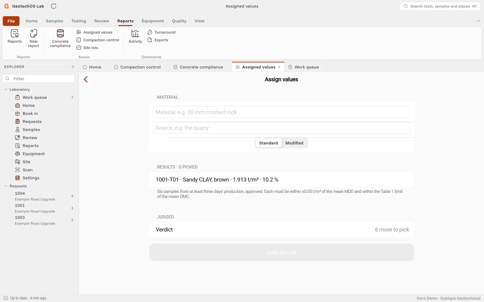 The Assign values page with a material, its source and the approved results to pick