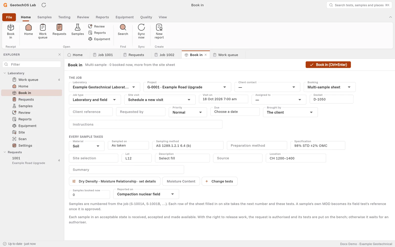Book in with Multi-sample sheet, a site visit and the details every sample takes