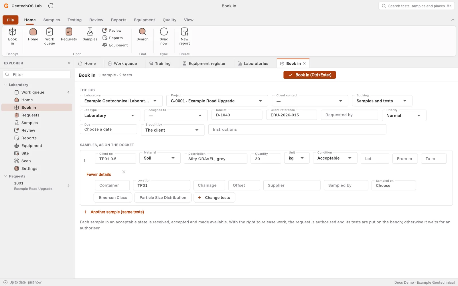 Book in with the job, one sample from TP01 and its tests