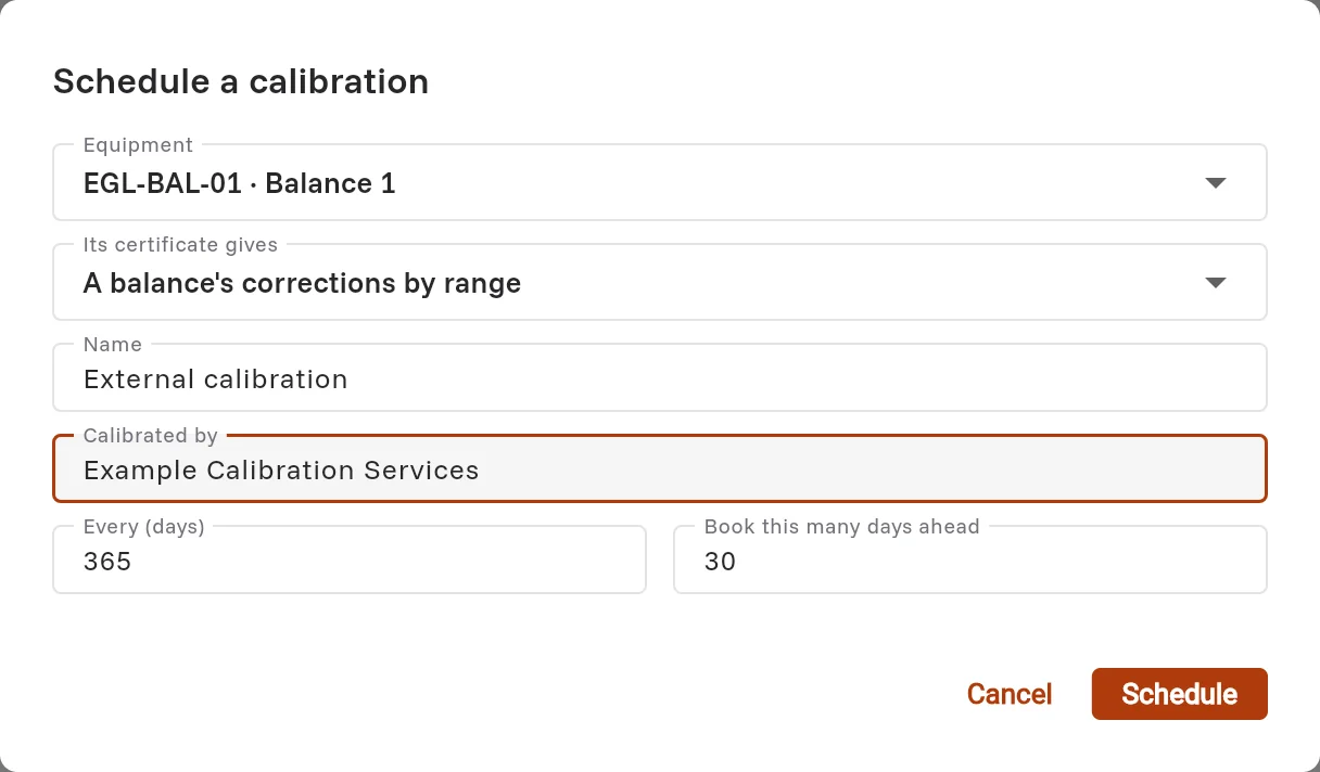 The Schedule a calibration dialog for Balance 1