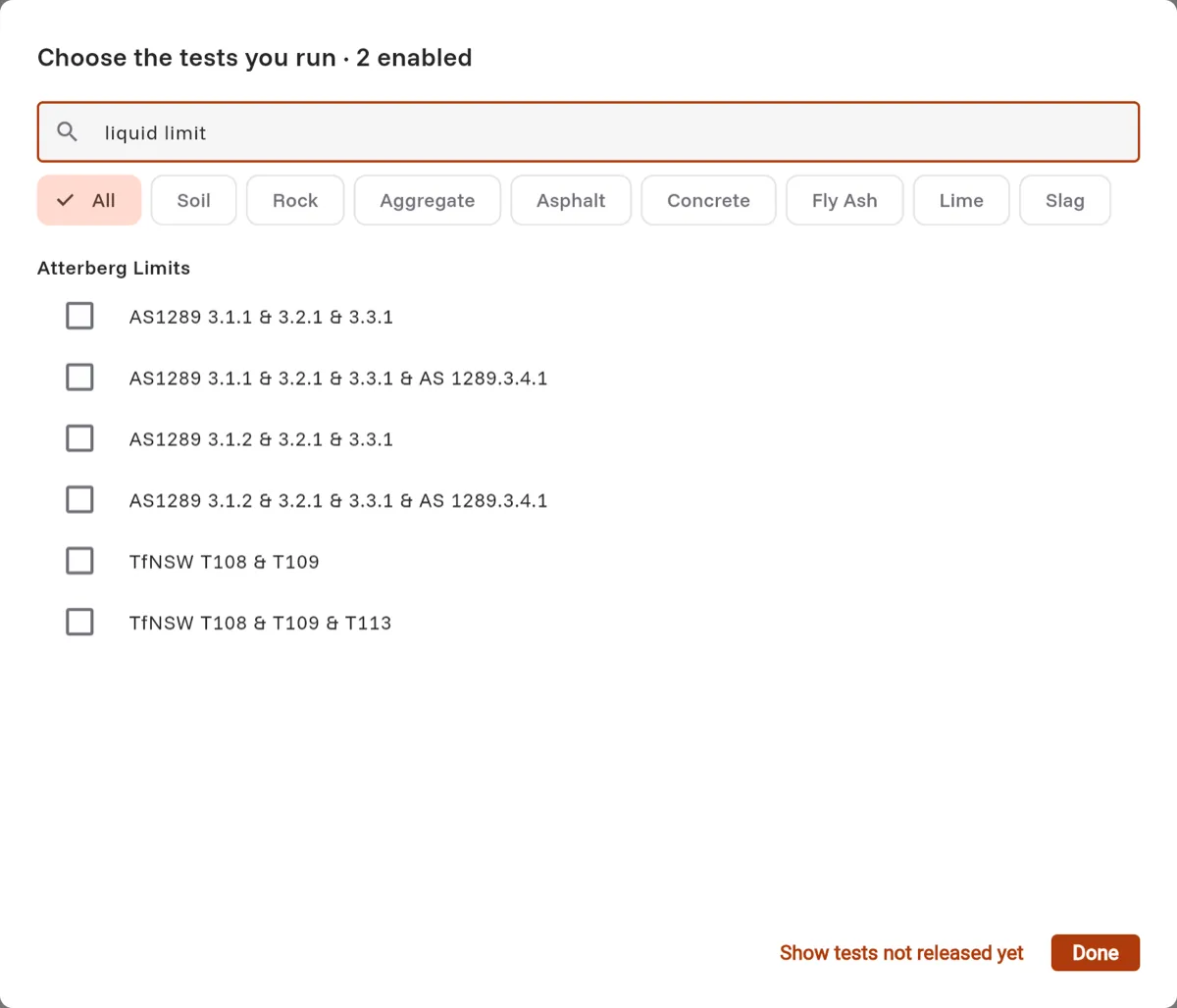 The Choose the tests you run dialog, searched for liquid limit, with the Atterberg Limits methods