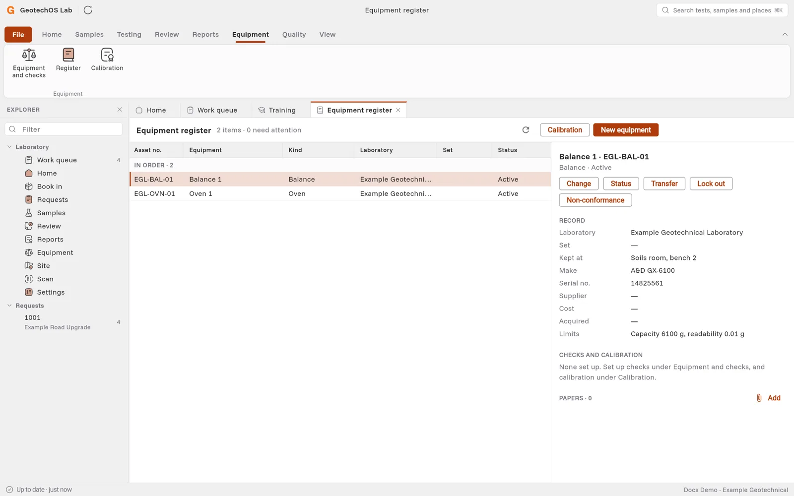 The equipment register with Balance 1 picked and its record at the right