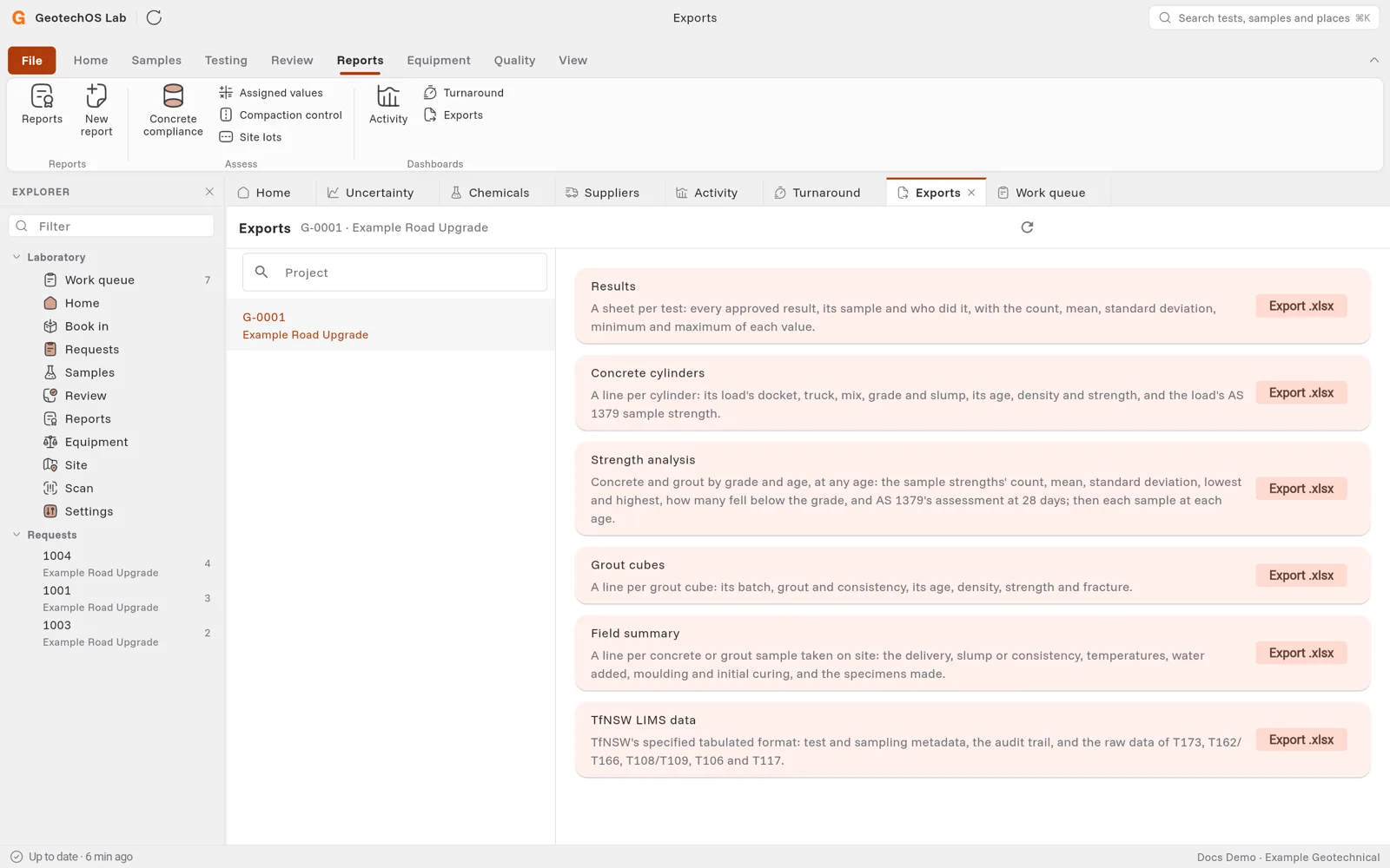 The Exports page for project G-0001