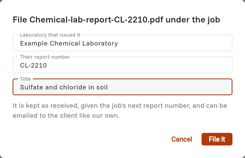 The dialog to file another laboratory's report under the job