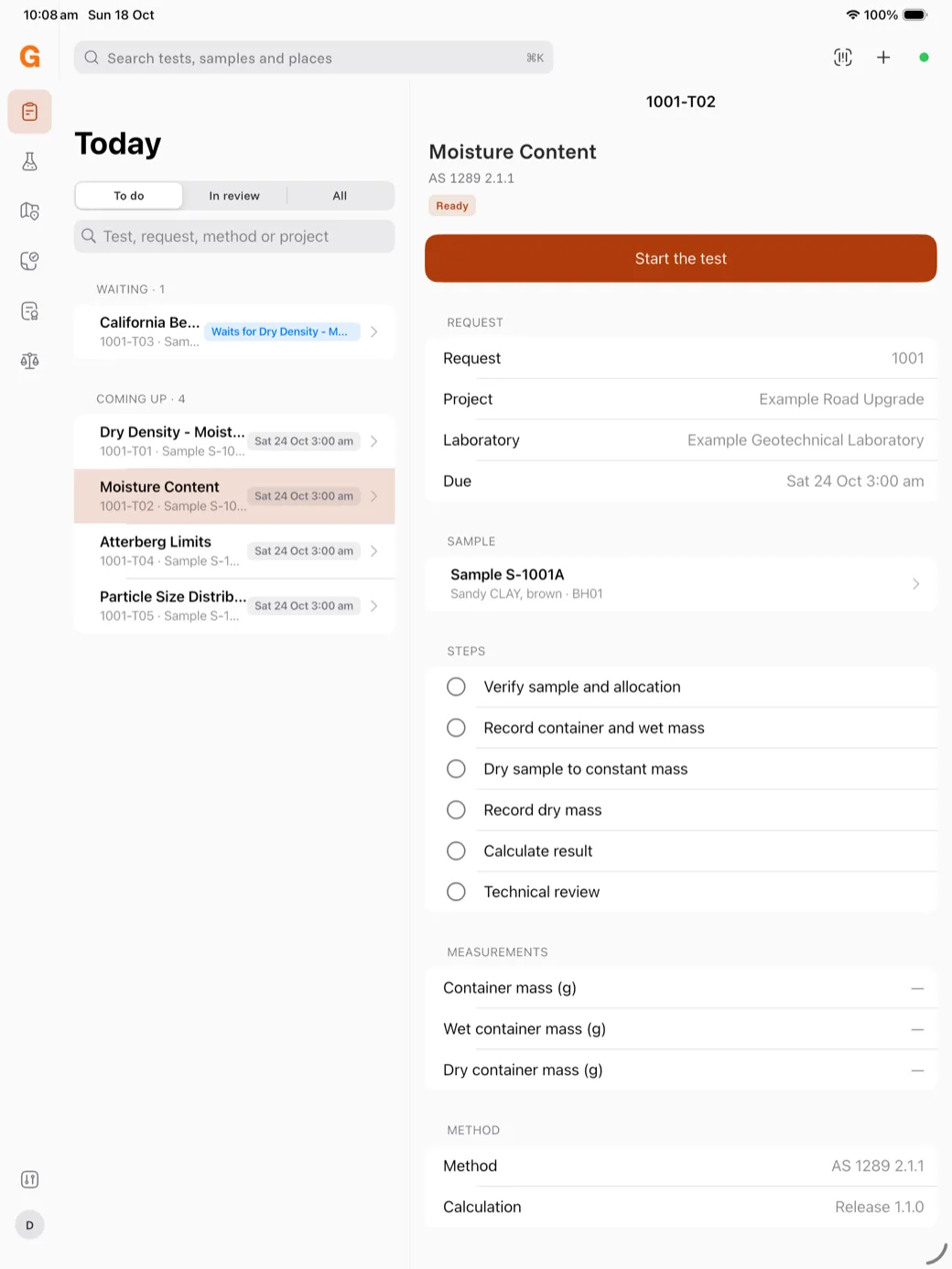 A moisture content test open on an iPad, with its steps and measurements and the Start the test button