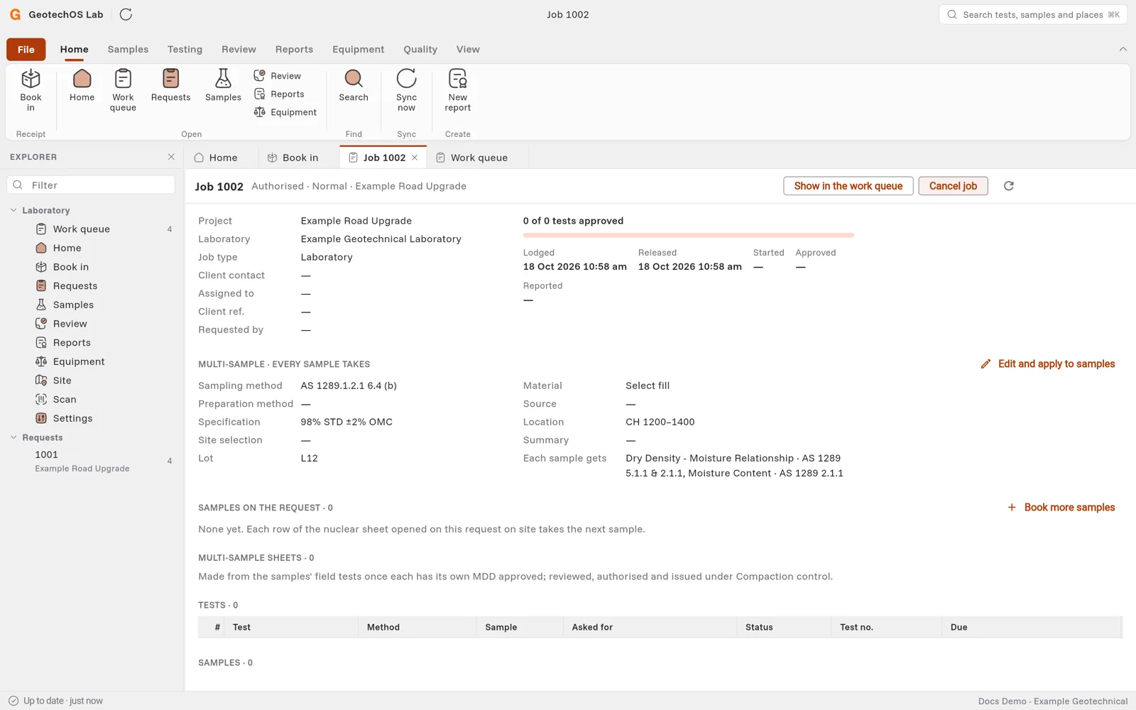The job page for job 1001 with its tests, samples, report and progress