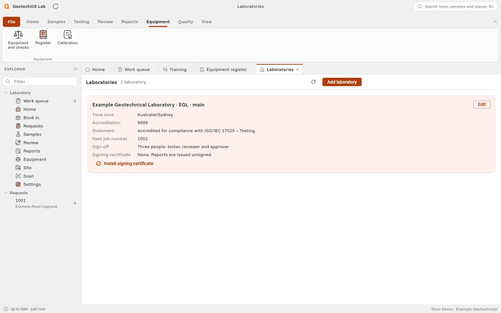 The Laboratories page with the laboratory's time zone, accreditation, next job number, sign-off and signing certificate