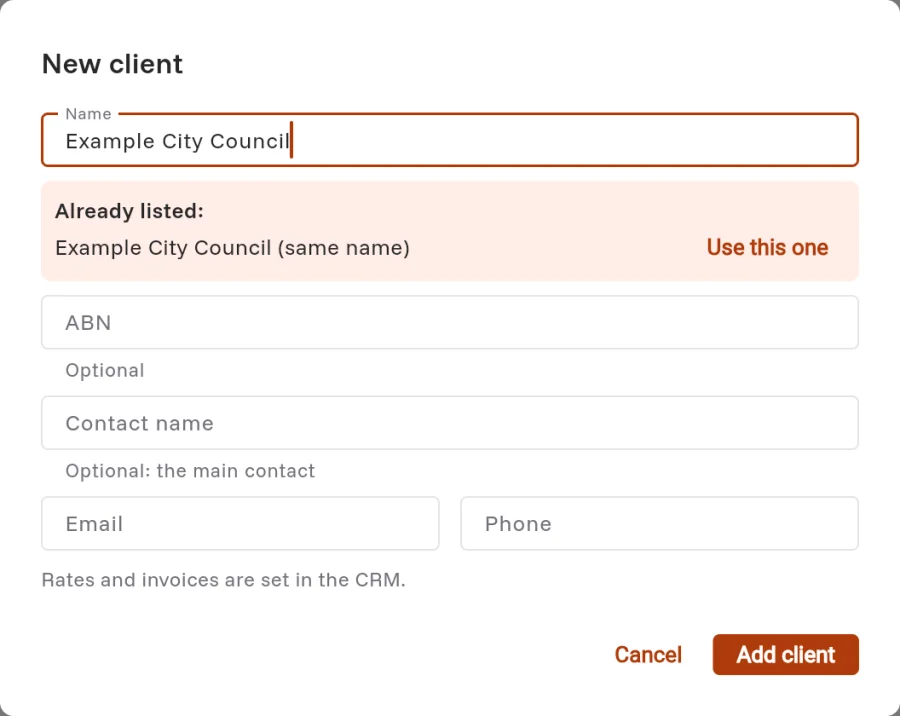 The New client dialog showing Already listed: Example City Council, with a Use this one button