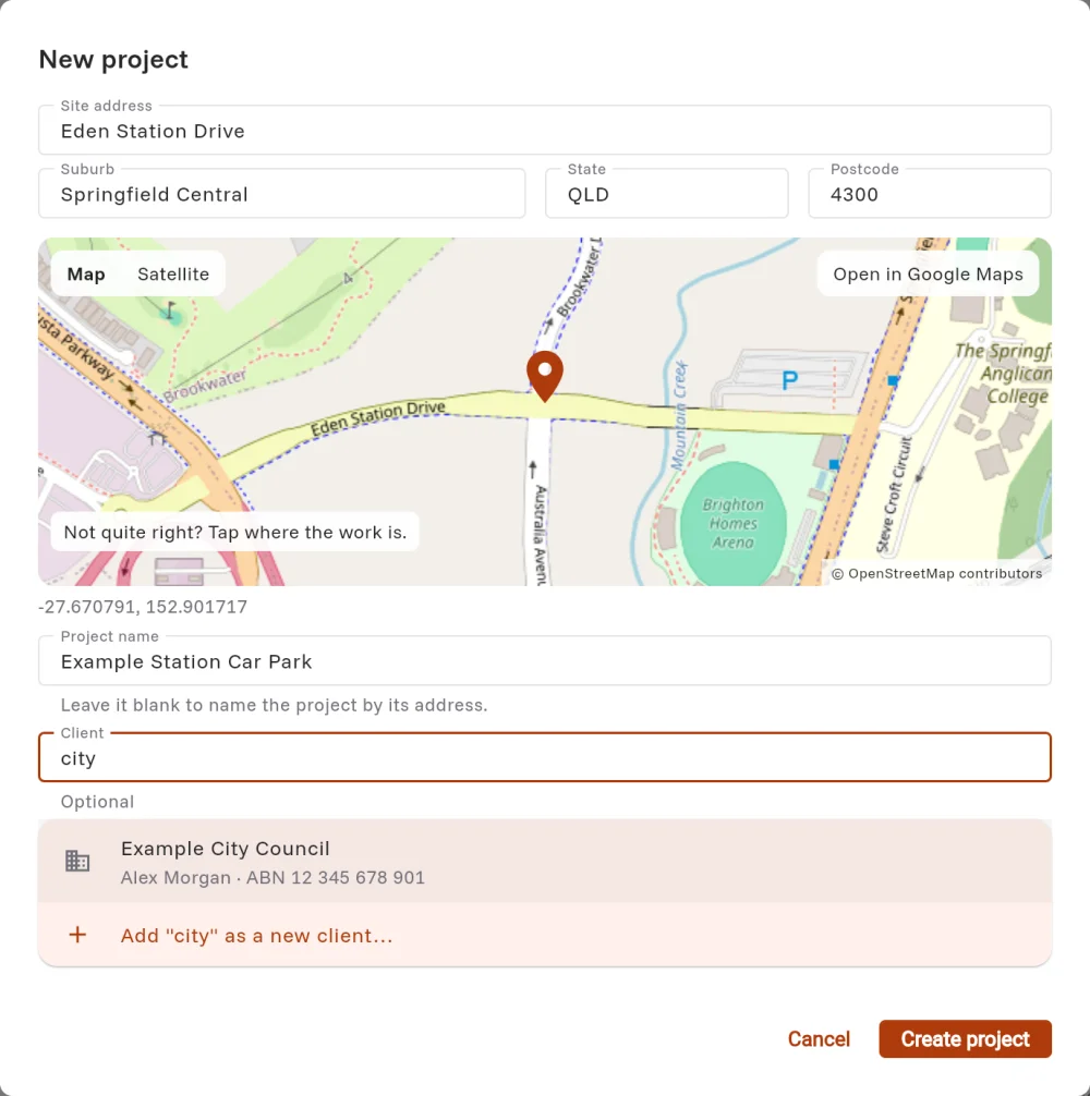 The New project dialog with Eden Station Drive picked from the list, its pin on the map, a project name and the client Example City Council found by part of its name