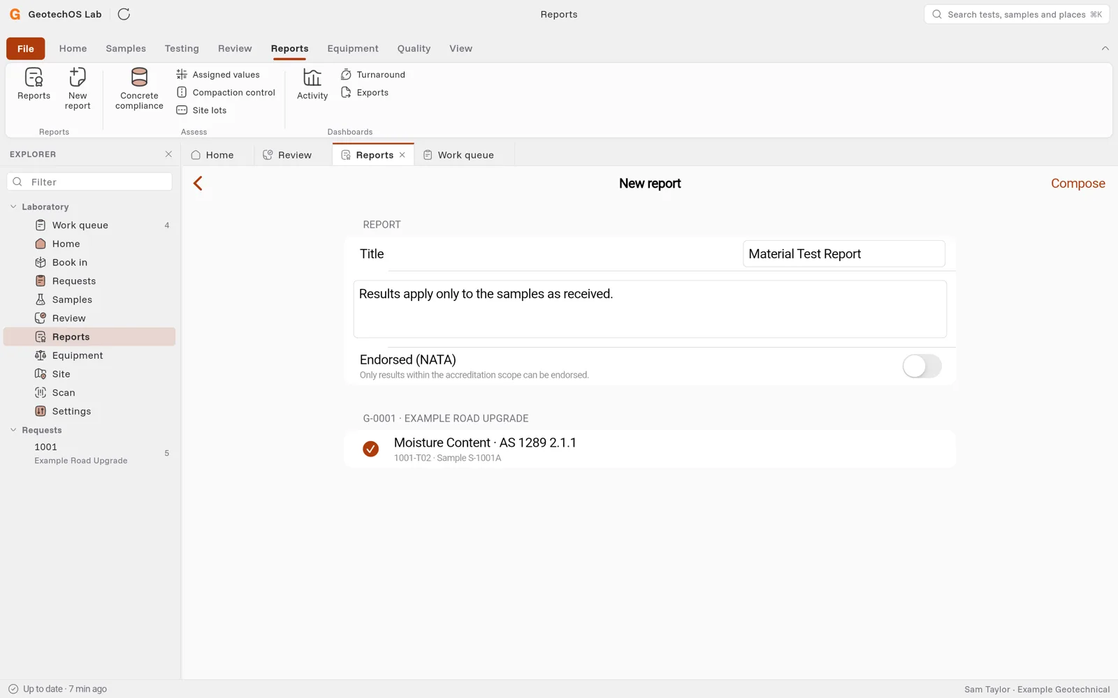 New report with the Material Test Report title, the notes and one moisture content result picked