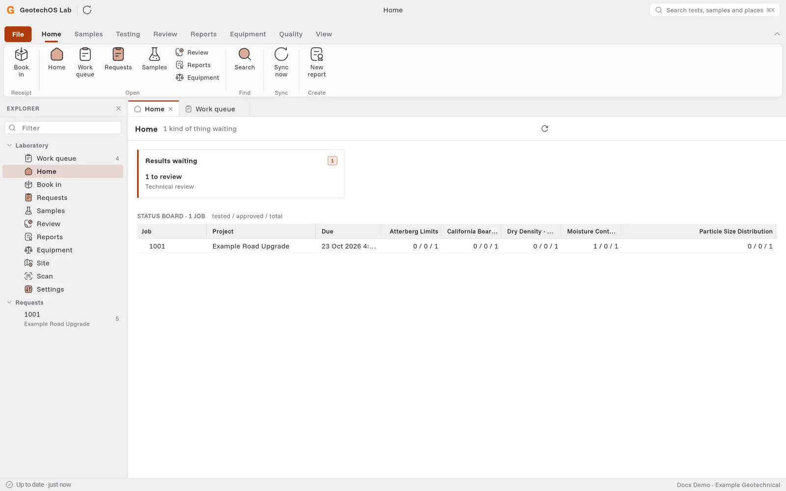 The office home with one result to review and the status board for job 1001