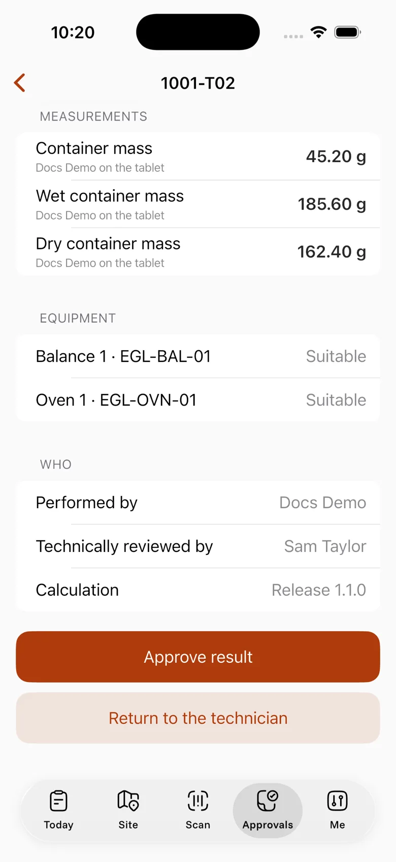 A result open on a phone, with the measurements, equipment, who did it and the Approve result button