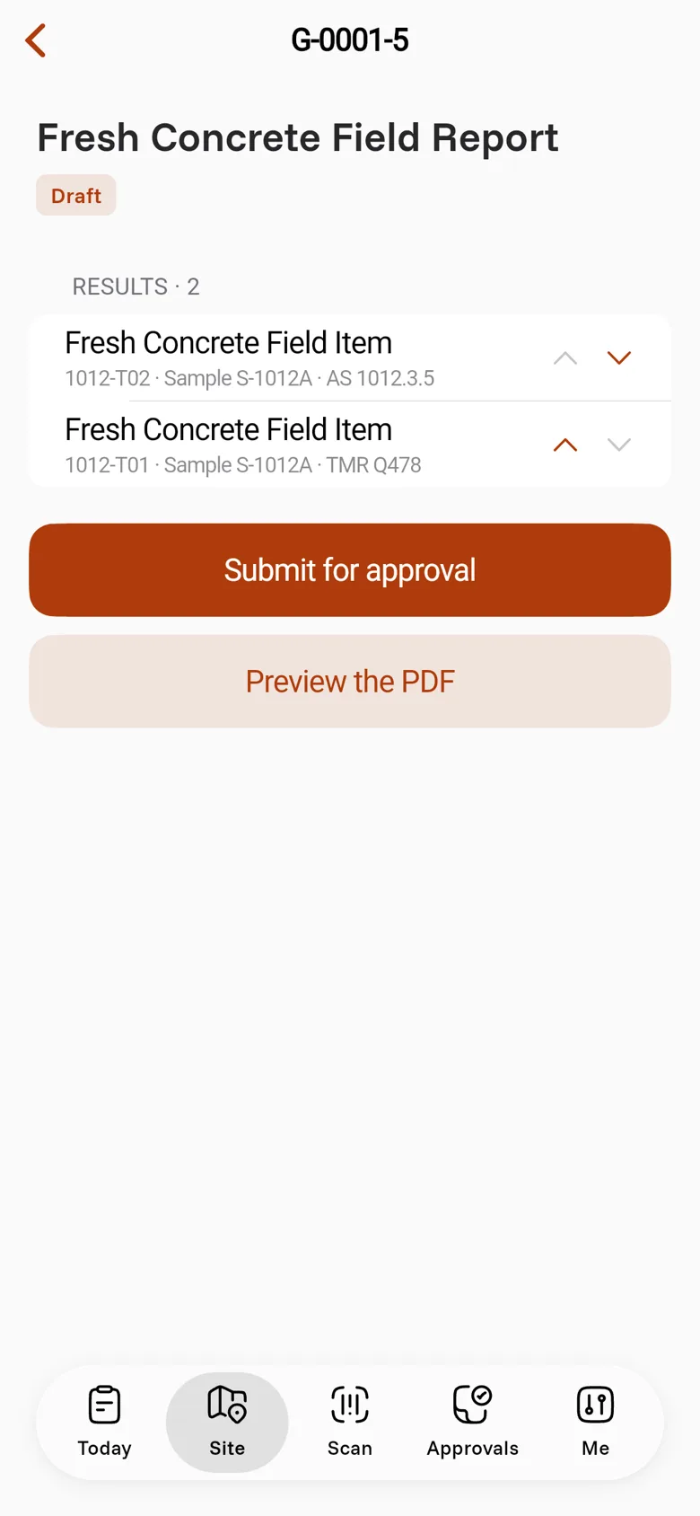 The Fresh Concrete Field Report G-0001-5 as a draft on a phone, with its two results