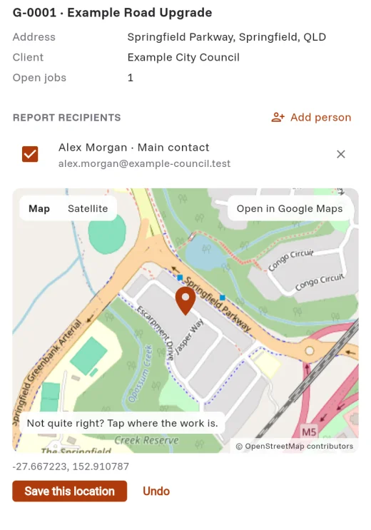 The project panel with the pin moved on the map, and the Save this location and Undo buttons under the map