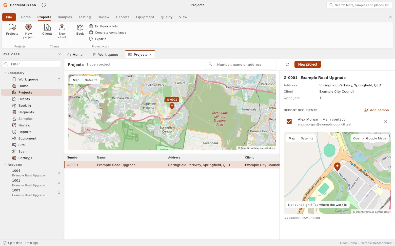 The Projects page: the open projects on a map and in a list, with Example Road Upgrade picked and its report recipients and map at the right