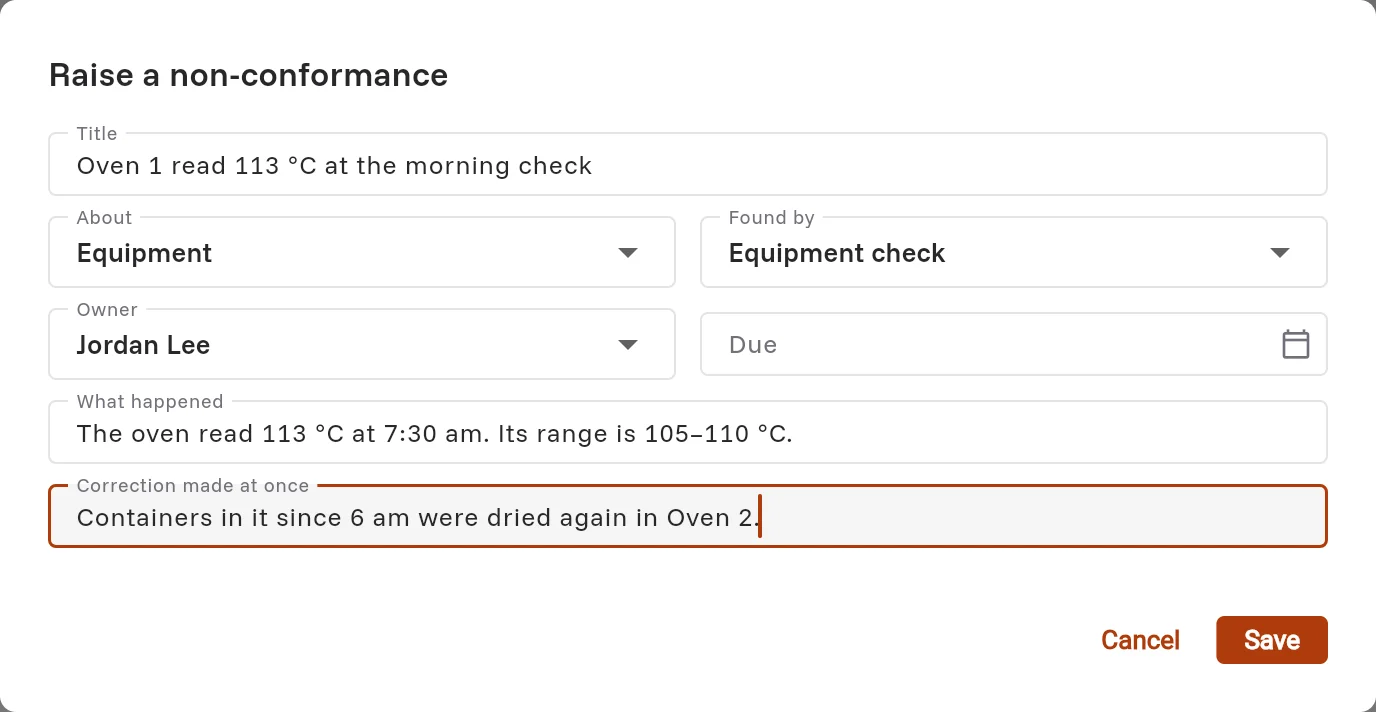 The Raise a non-conformance dialog for an oven that read 113 °C