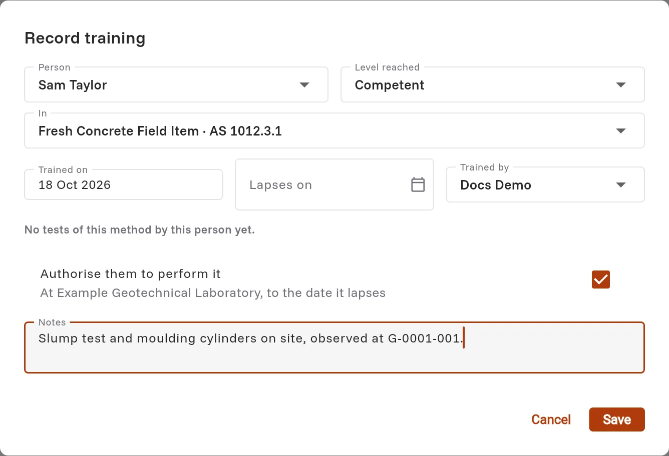 The Record training dialog for Sam Taylor in concrete sampling