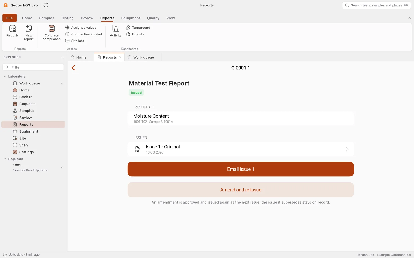 An issued report with Issue 1, the Email issue 1 button and Amend and re-issue