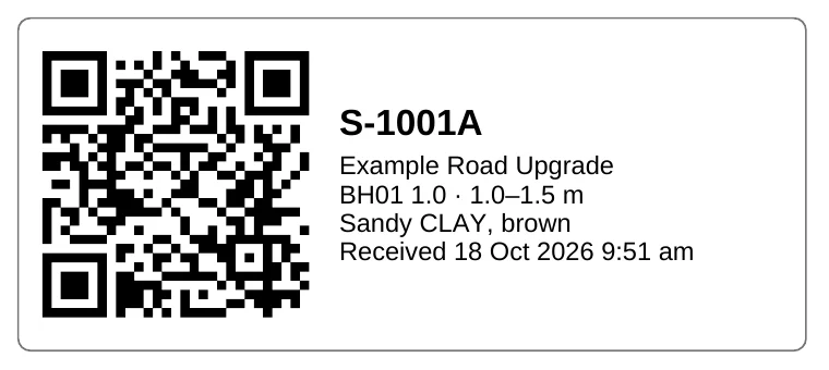 A sample label with its QR code, S-1001A, Example Road Upgrade, BH01 1.0 at 1.0–1.5 m, Sandy CLAY, brown