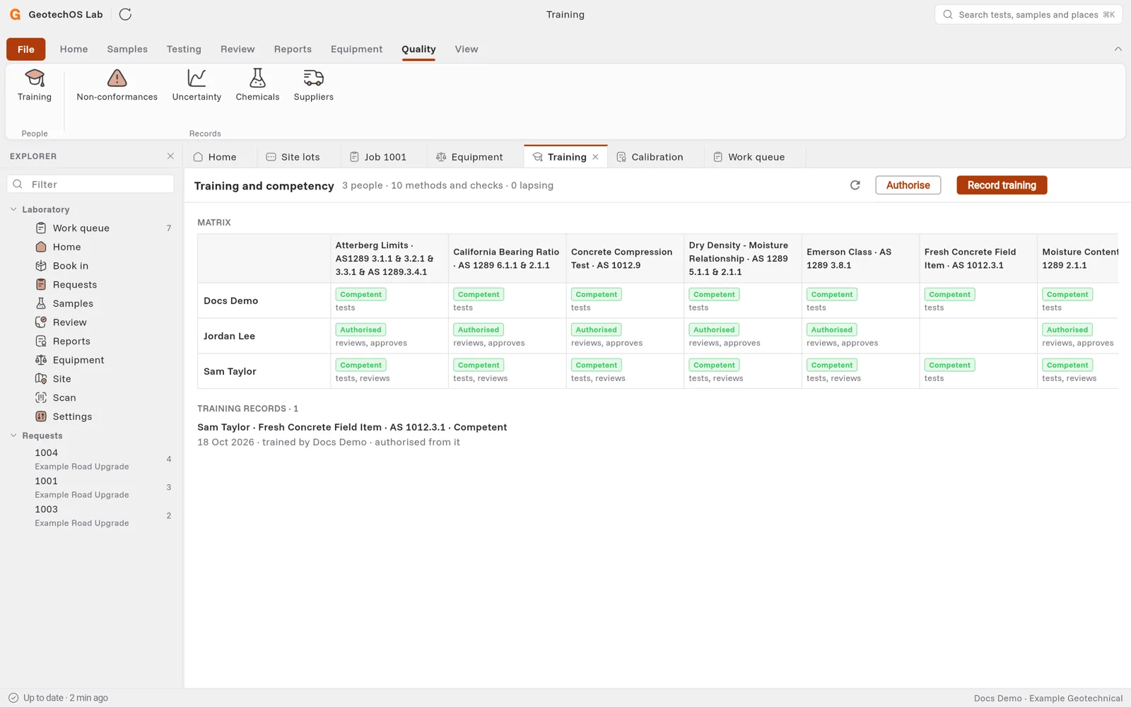 The training matrix with Docs Demo, Jordan Lee and Sam Taylor